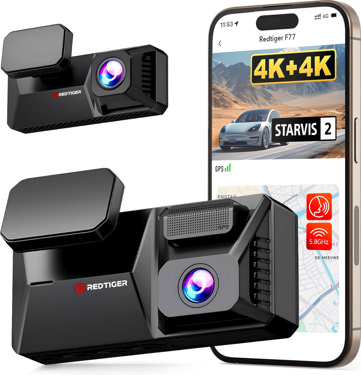 RedTiger F77, 4K + 4K Dashcam, GPS, 5G Wifi met app en Touchscreen, 128GB Intern Geheugen