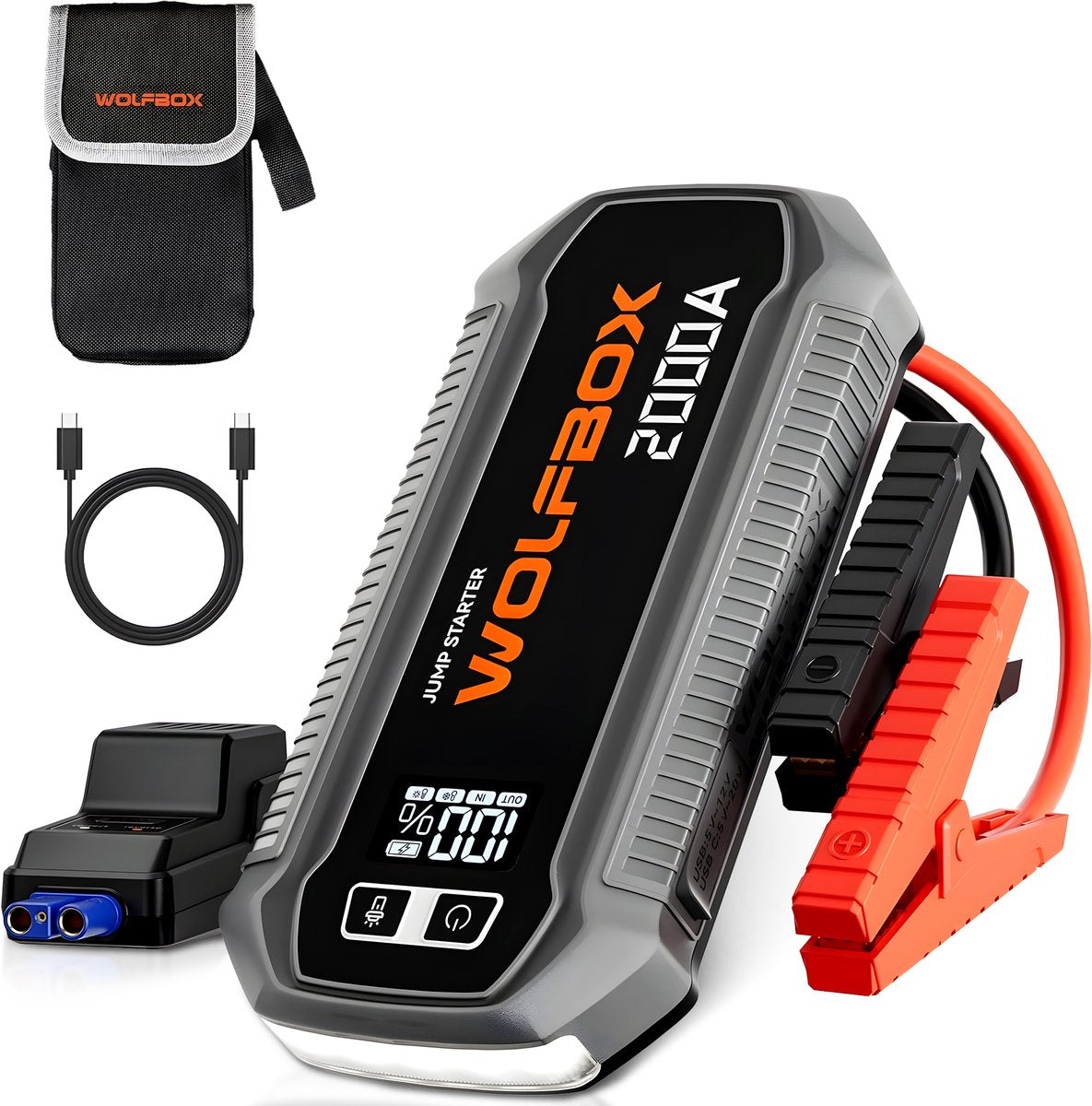 Wolfbox Jumpstarter - 2000A/12.000mAh – Startkabels met Powerbank - Starthulp Voor Auto's
