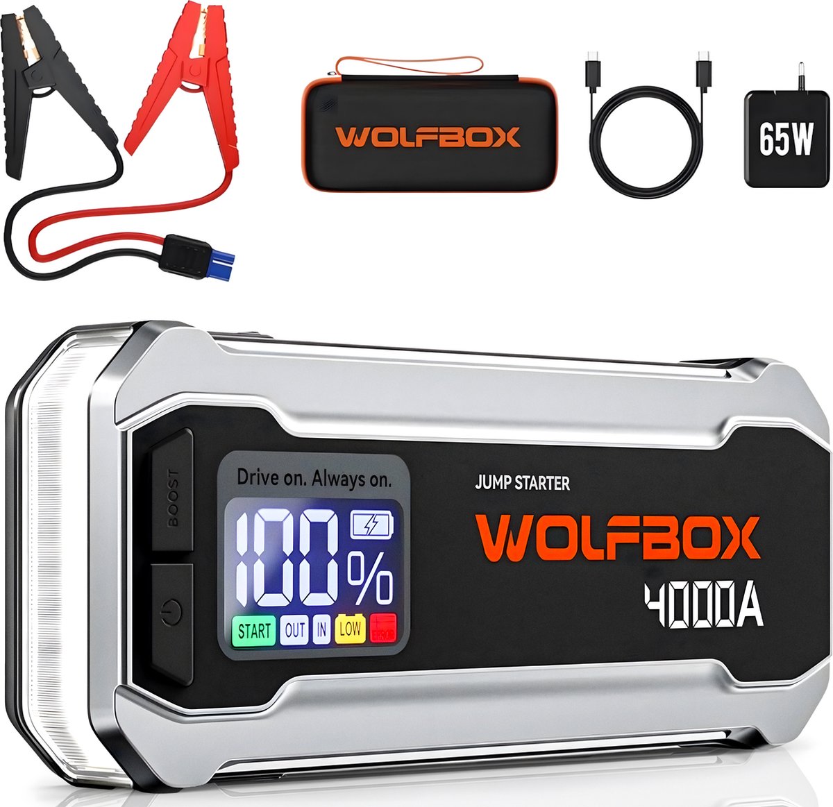Wolfbox Jumpstarter - 4000A/24.000mAh – Startkabels met Powerbank - Starthulp Voor Auto's