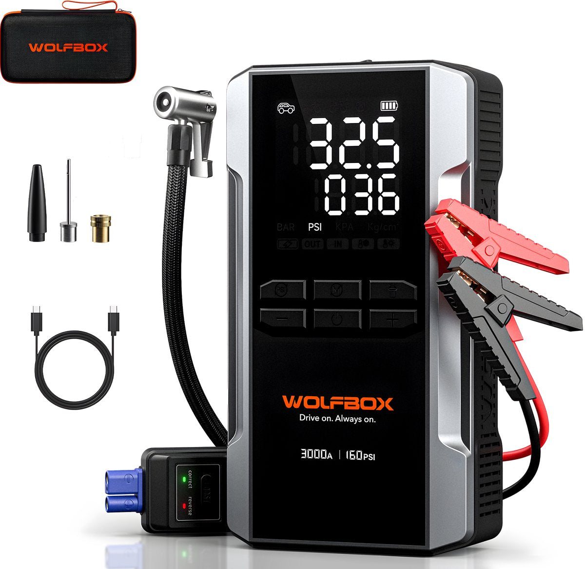 Wolfbox Jumpstarter met Compressor - 3000A/16.000mAh – Startkabels met Powerbank - Starthulp Voor Auto’s Met LED- en SOS Noodlicht - Met Opbergkoffer - Startkabels met Accu