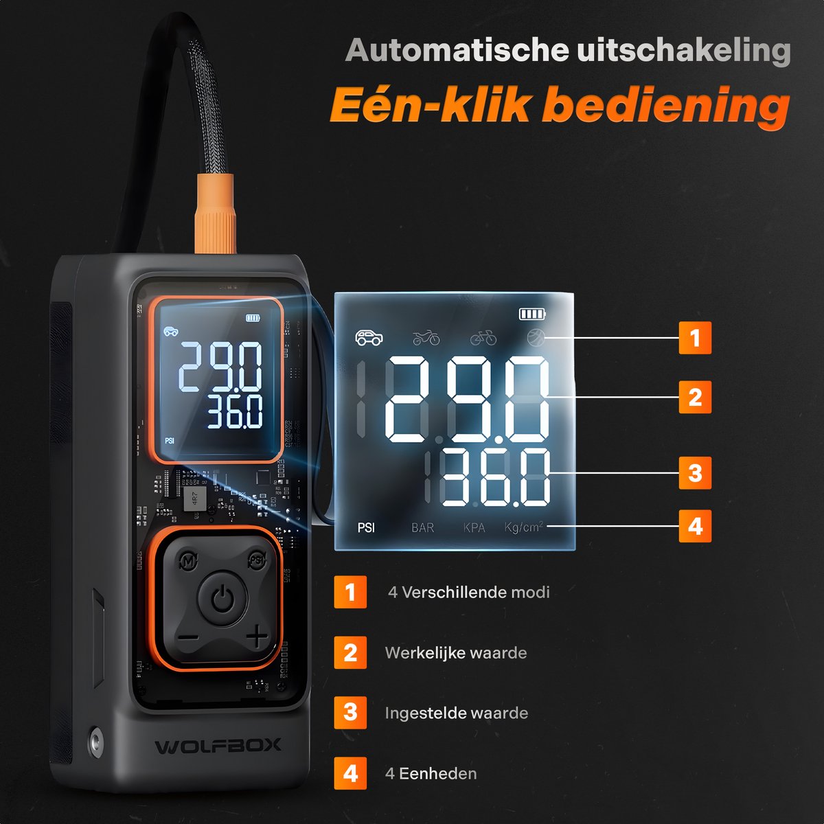 Wolfbox Elektrische Fietspomp - Luchtcompressor - voor Fiets, Scooter, Motor en Auto - Elektrische Bandenpomp - Autobanden Pomp