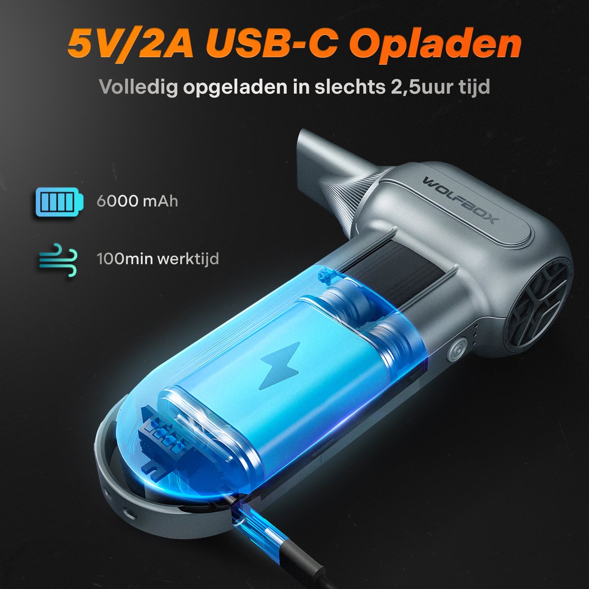 Wolfbox MF100 Air Duster Oplaadbaar 6000mAh - Compressed air
