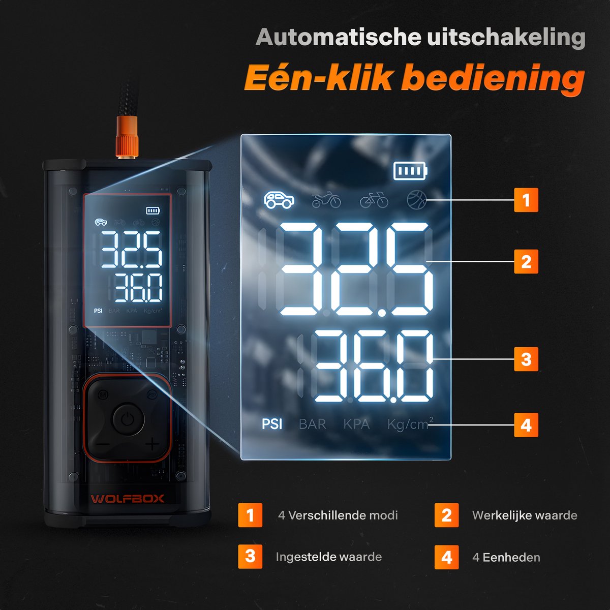 Wolfbox Elektrische Bandenpomp - Luchtcompressor - voor Fiets, Scooter, Motor en Auto - Elektrische Bandenpomp - Auto Bandenpomp