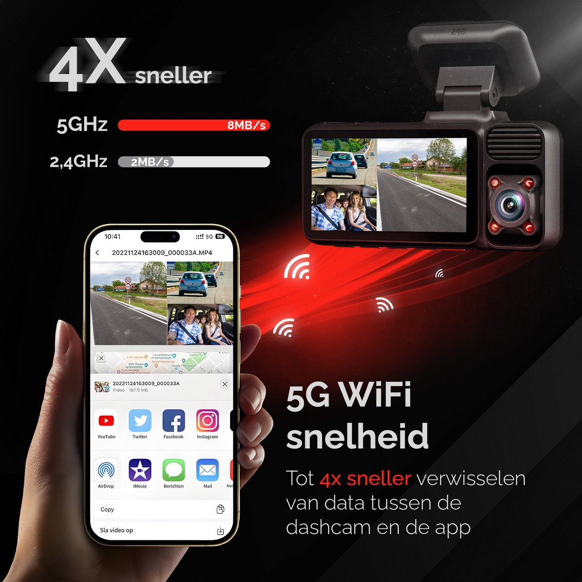 RedTiger F17 3-kanaals dashcam, 4K & 1080P & 1080P, 5G wifi, GPS