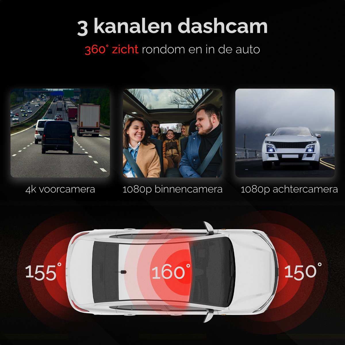 RedTiger F17 3-kanaals dashcam, 4K & 1080P & 1080P, 5G wifi, GPS