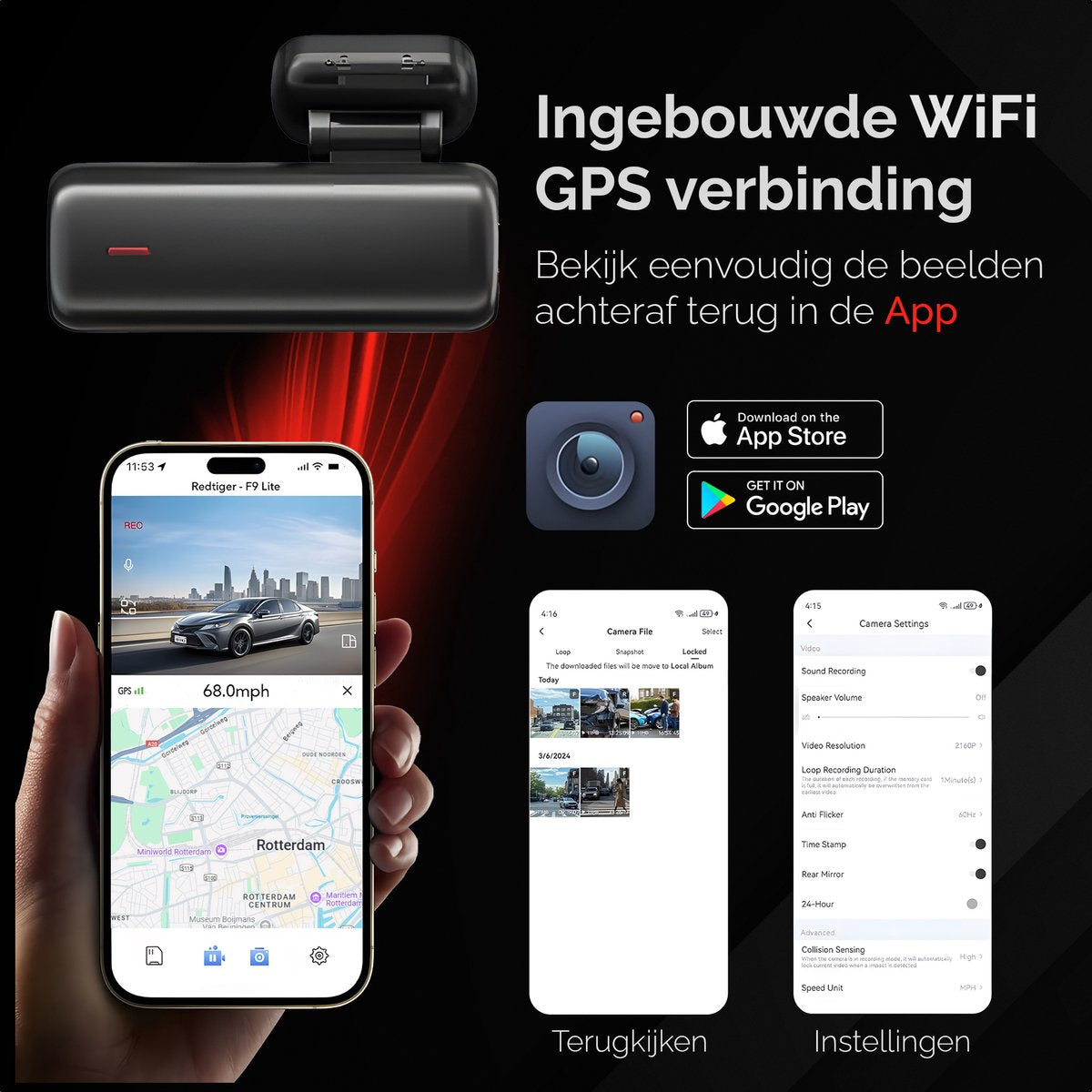 RedTiger F9 Lite 4K Dashcam, 5G Wifi en GPS met app