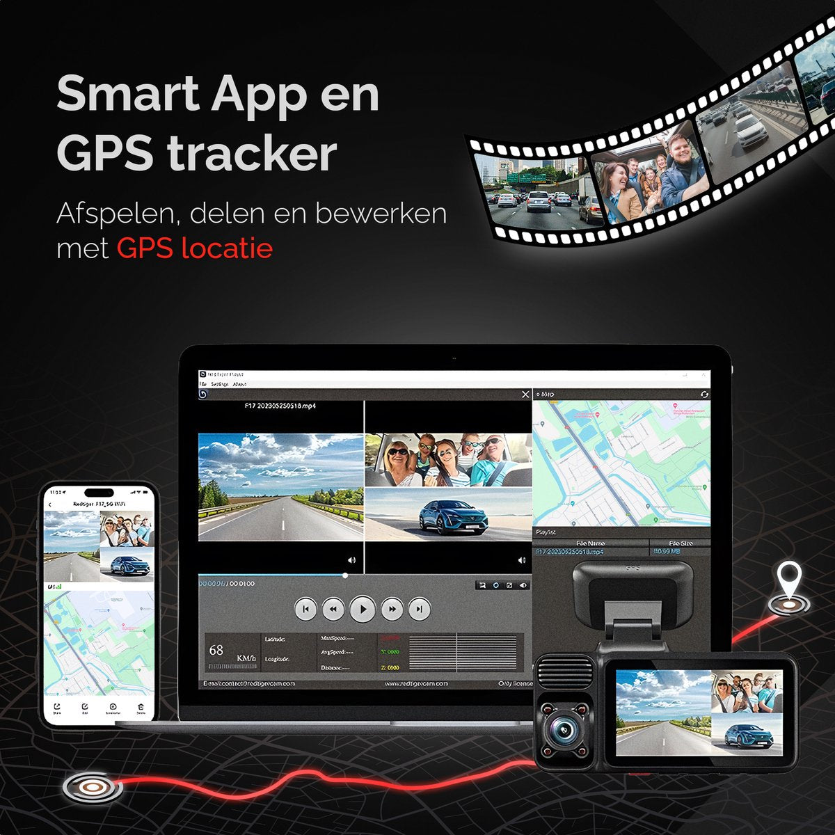 RedTiger F17 3-kanaals dashcam, 4K & 1080P & 1080P, 5G wifi, GPS