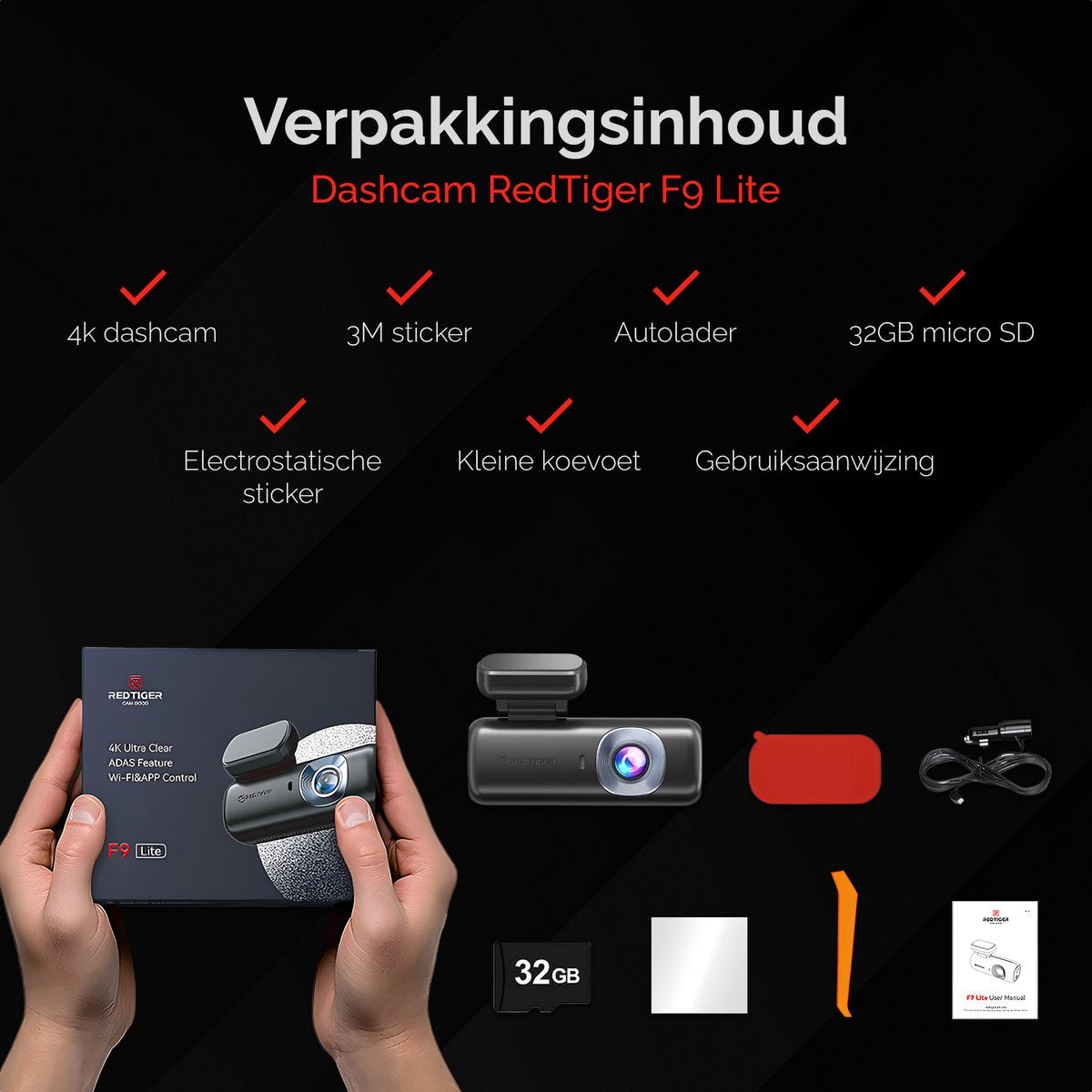 RedTiger F9 Lite 4K Dashcam, 5G Wifi en GPS met app