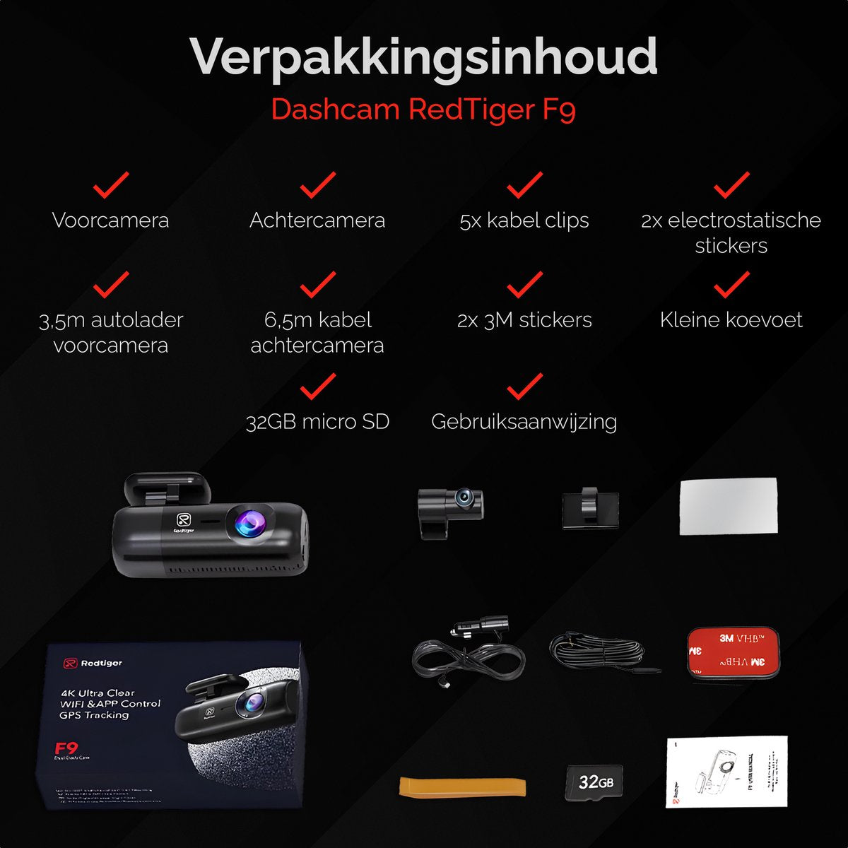 Redtiger F9 Dual Dashcam 4K & 1080P Wifi, GPS