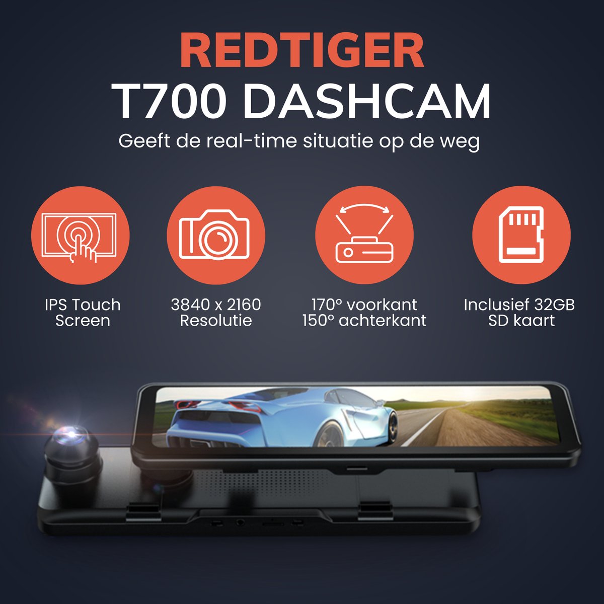 RedTiger T700 4K Spiegel Dashcam, GPS met HDR.