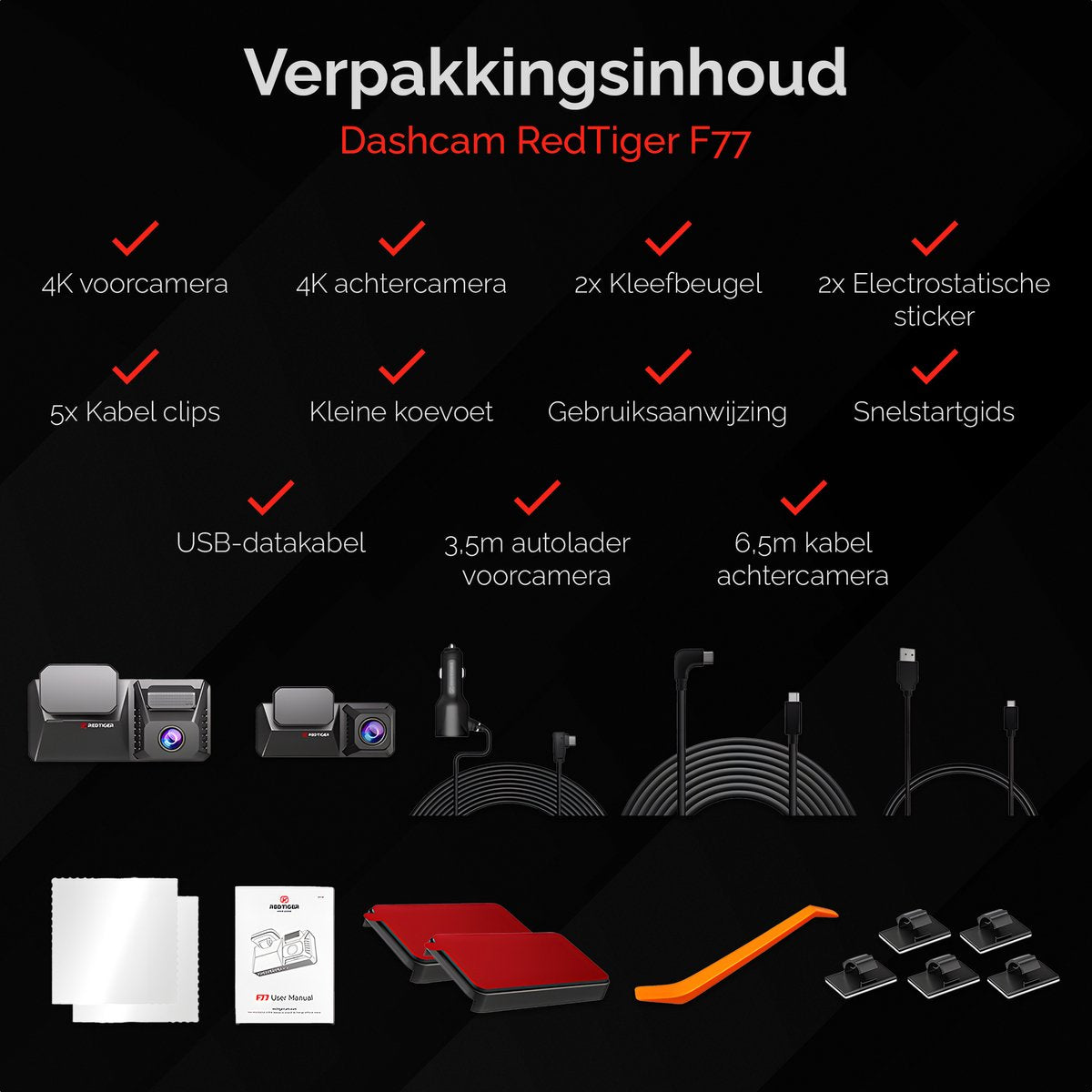 RedTiger F77, 4K + 4K Dashcam, GPS, 5G Wifi met app en Touchscreen, 128GB Intern Geheugen