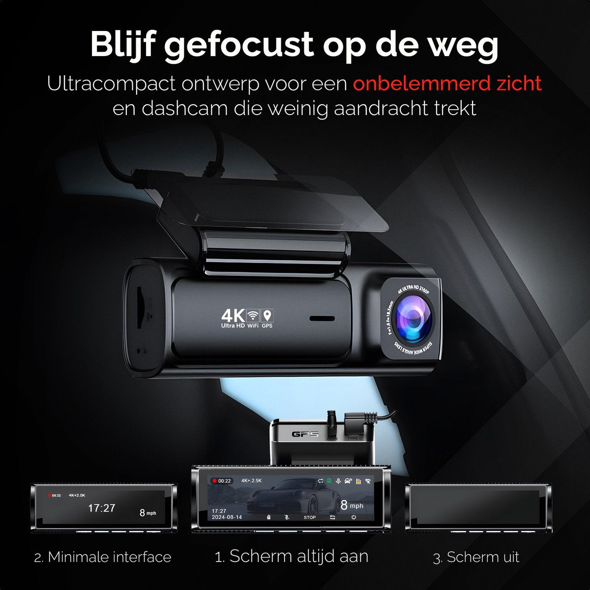 Camsy K803 Dual Dashcam voor auto - 4K & 1080p - Voor en achter Camera - WiFi en Gps - 3,59 inch LCD met App - Sony Sensor - Nachtzicht - Parkeerbewaking - G Sensor - Loop opname