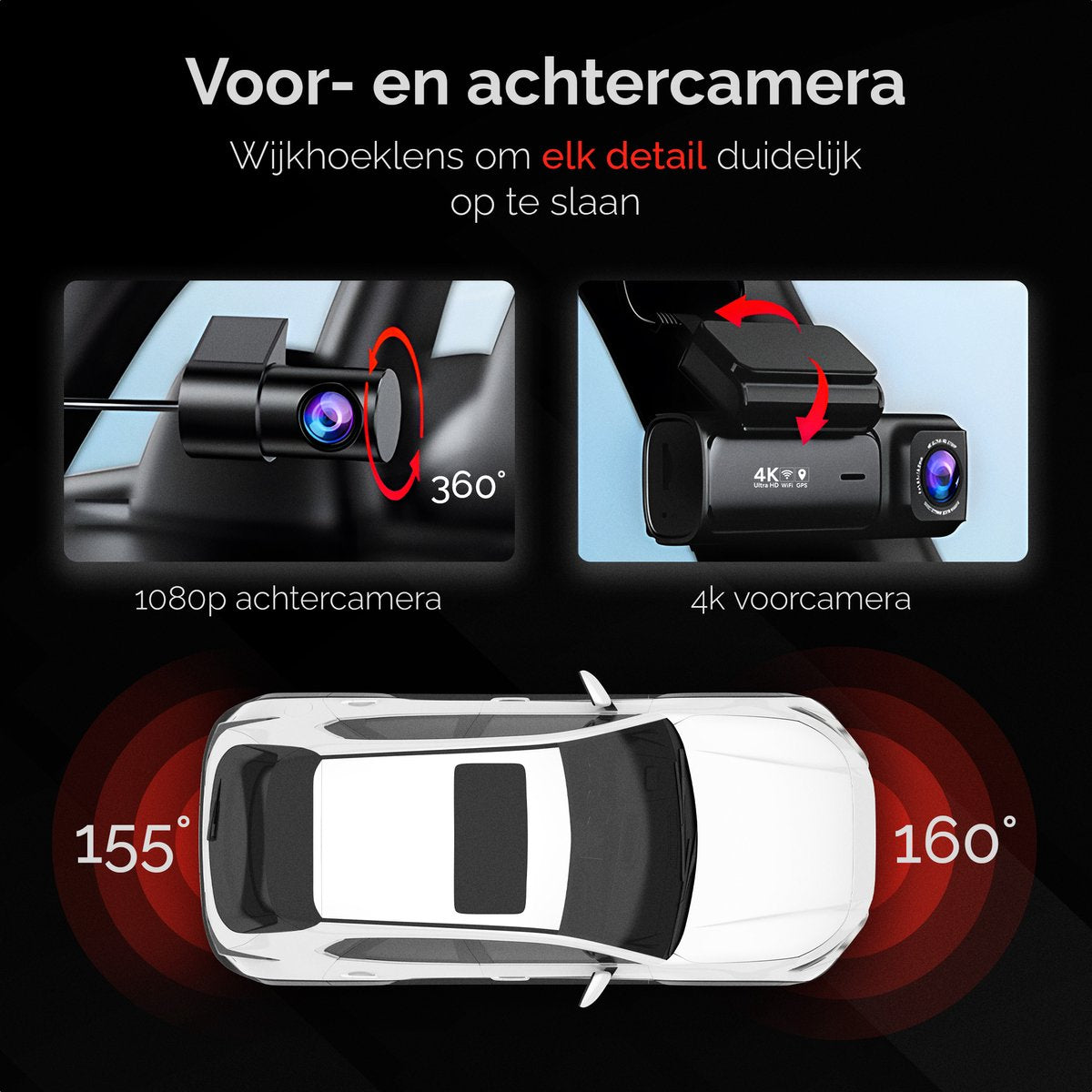 Camsy K803 Dual Dashcam voor auto - 4K & 1080p - Voor en achter Camera - WiFi en Gps - 3,59 inch LCD met App - Sony Sensor - Nachtzicht - Parkeerbewaking - G Sensor - Loop opname