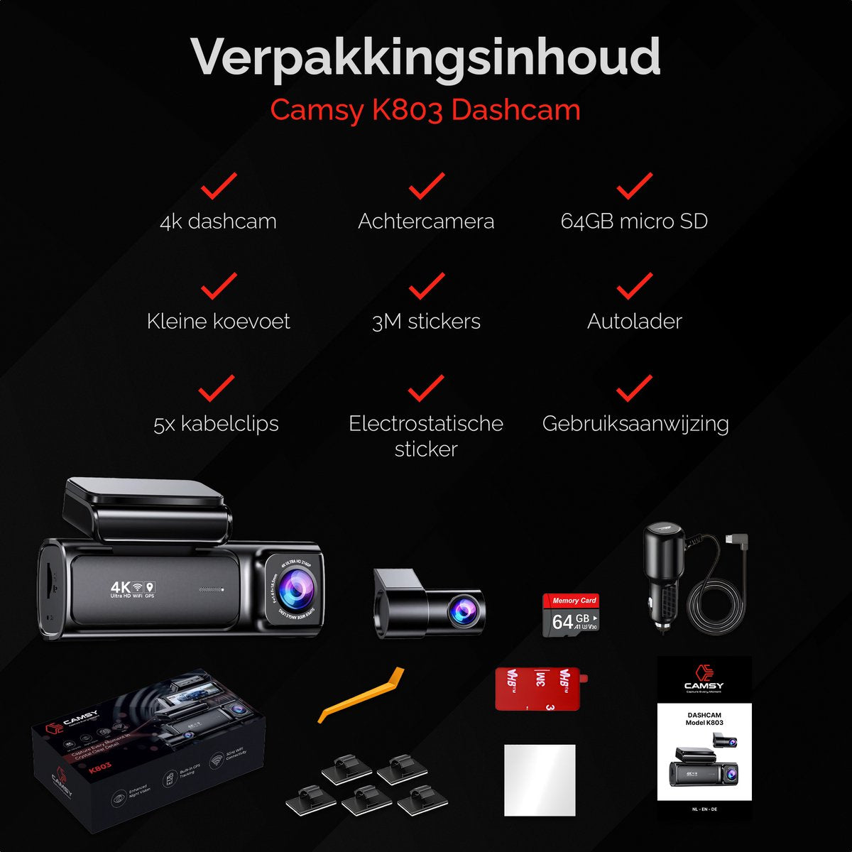 Camsy K803 Dual Dashcam voor auto - 4K & 1080p - Voor en achter Camera - WiFi en Gps - 3,59 inch LCD met App - Sony Sensor - Nachtzicht - Parkeerbewaking - G Sensor - Loop opname