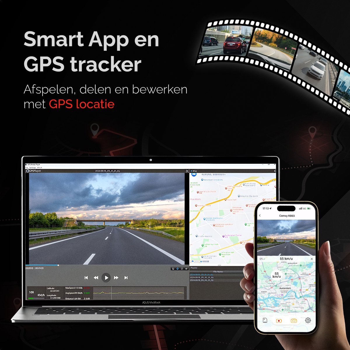 Camsy K803 Dual Dashcam voor auto - 4K & 1080p - Voor en achter Camera - WiFi en Gps - 3,59 inch LCD met App - Sony Sensor - Nachtzicht - Parkeerbewaking - G Sensor - Loop opname