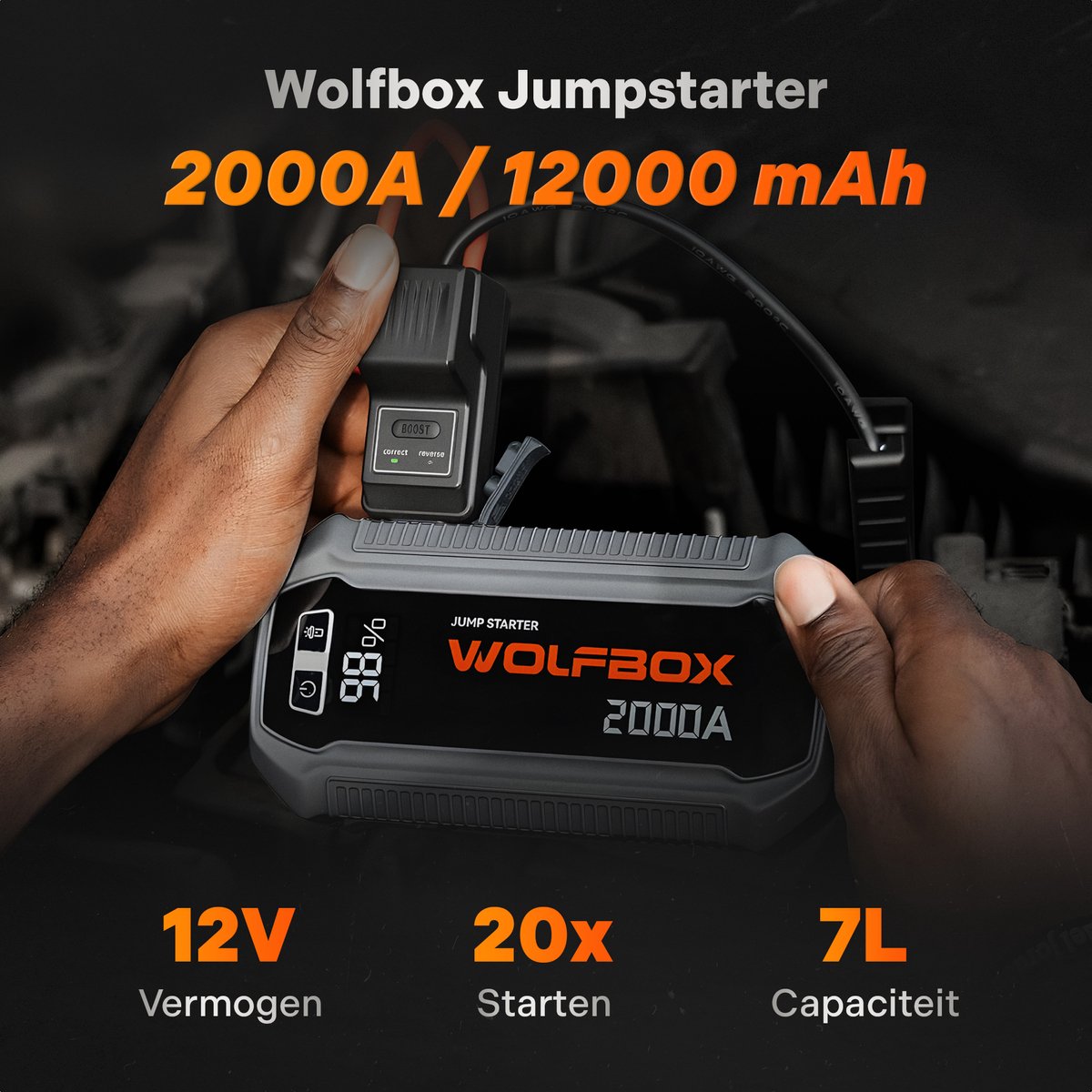 Wolfbox Jumpstarter - 2000A/12.000mAh – Startkabels met Powerbank - Starthulp Voor Auto's