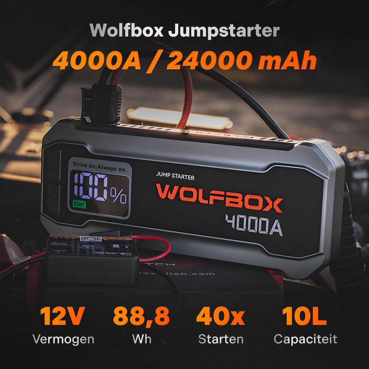 Wolfbox Jumpstarter - 4000A/24.000mAh – Startkabels met Powerbank - Starthulp Voor Auto's
