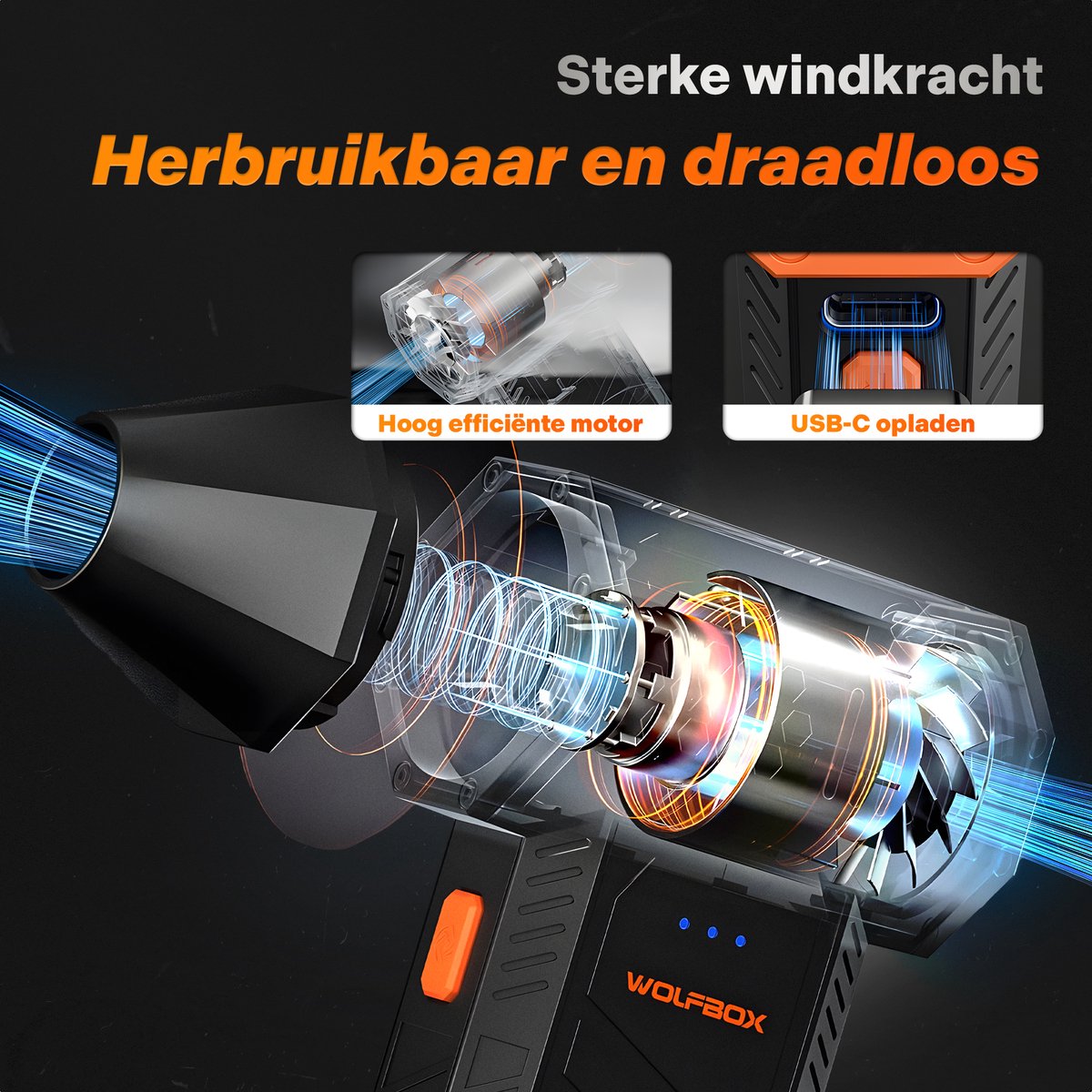 Wolfbox MF50 Air Duster Draadloos - Oplaadbaar 5000mAh - Compressed air - Perslucht