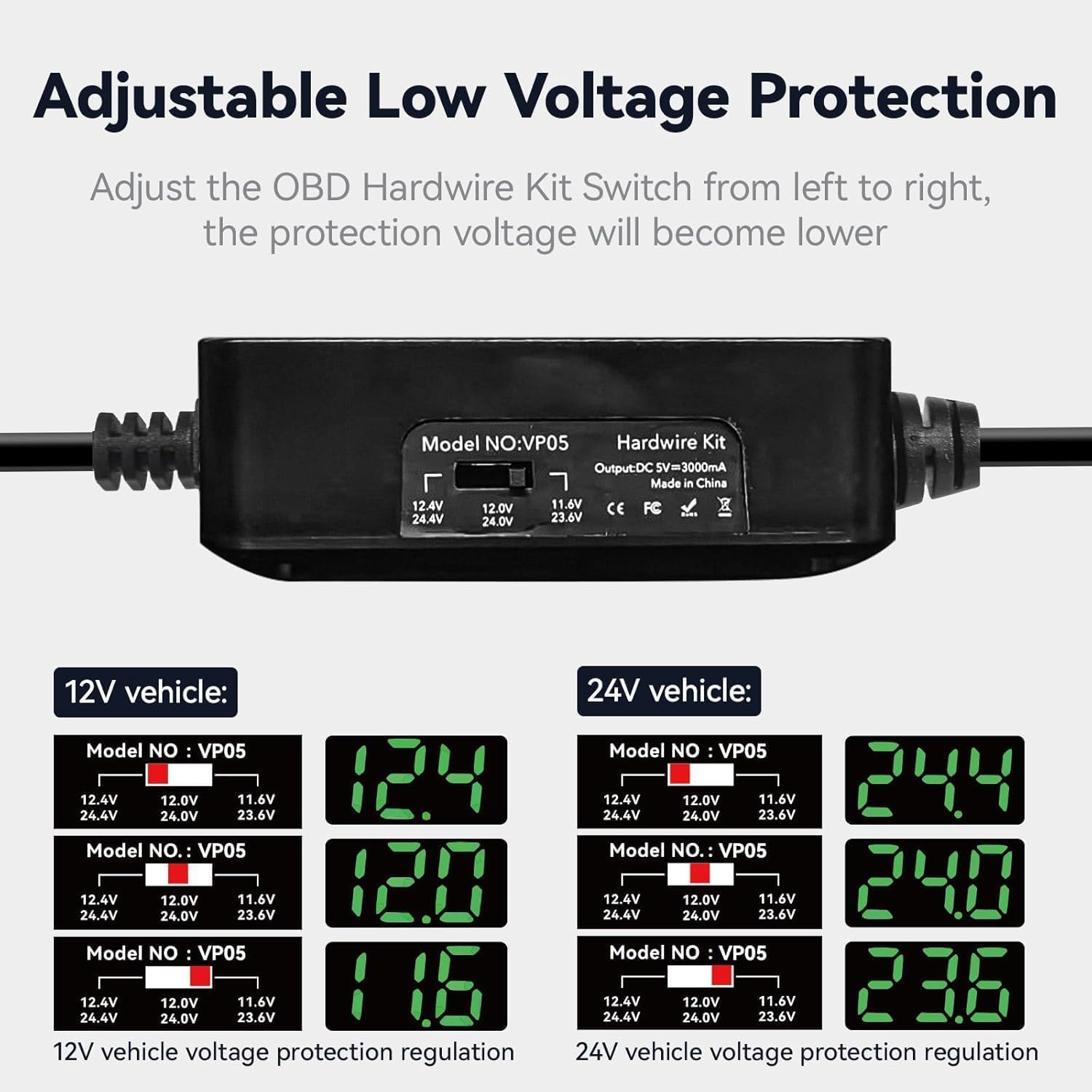RedTiger Dashcam OBD Hardwire Kit Voedingskabel – USB-C Poort, 3 Meter, 12V-24V naar 5V.