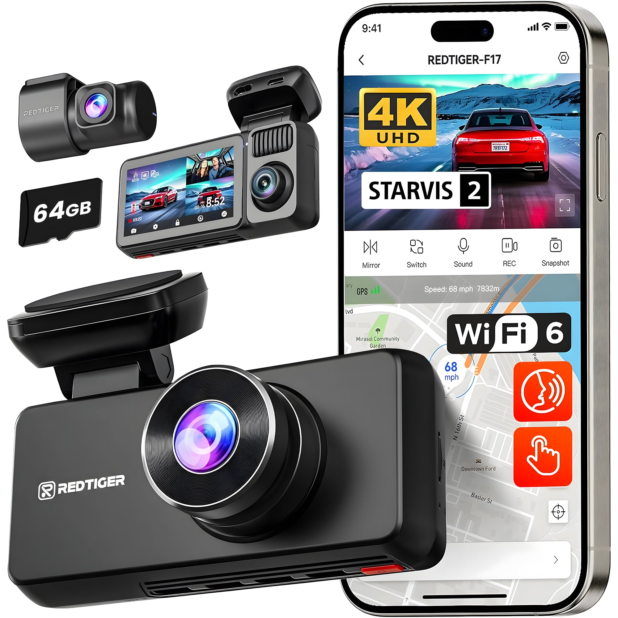 RedTiger F17 3-kanaals dashcam, 4K &amp; 1080P &amp; 1080P, 5G wifi, GPS