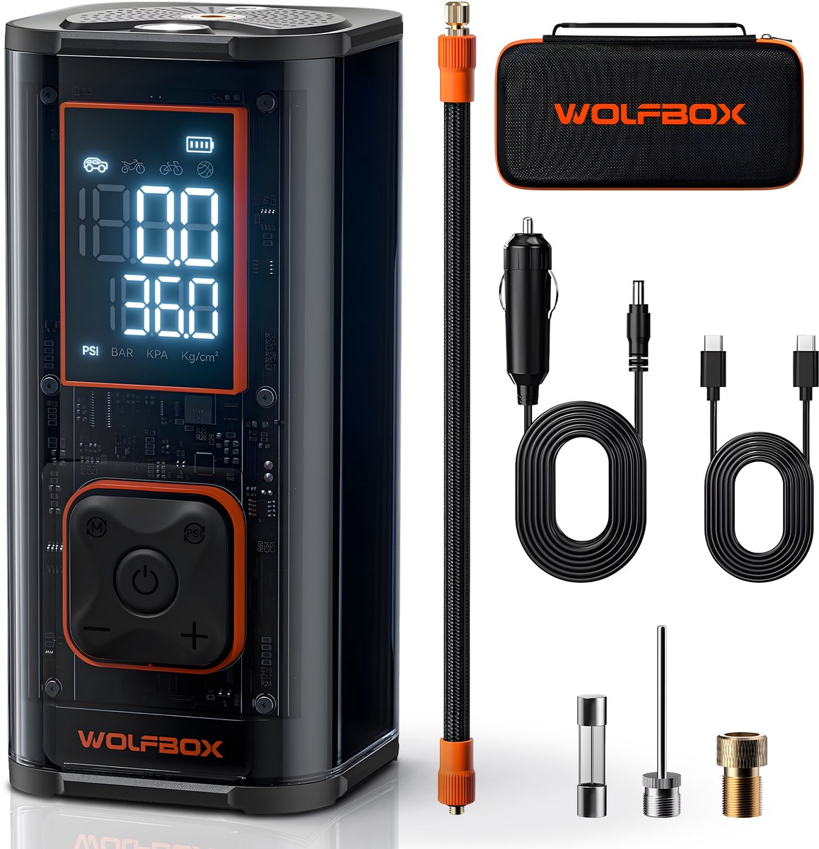 Wolfbox Elektrische Bandenpomp - Luchtcompressor - voor Fiets, Scooter, Motor en Auto - Elektrische Bandenpomp - Auto Bandenpomp