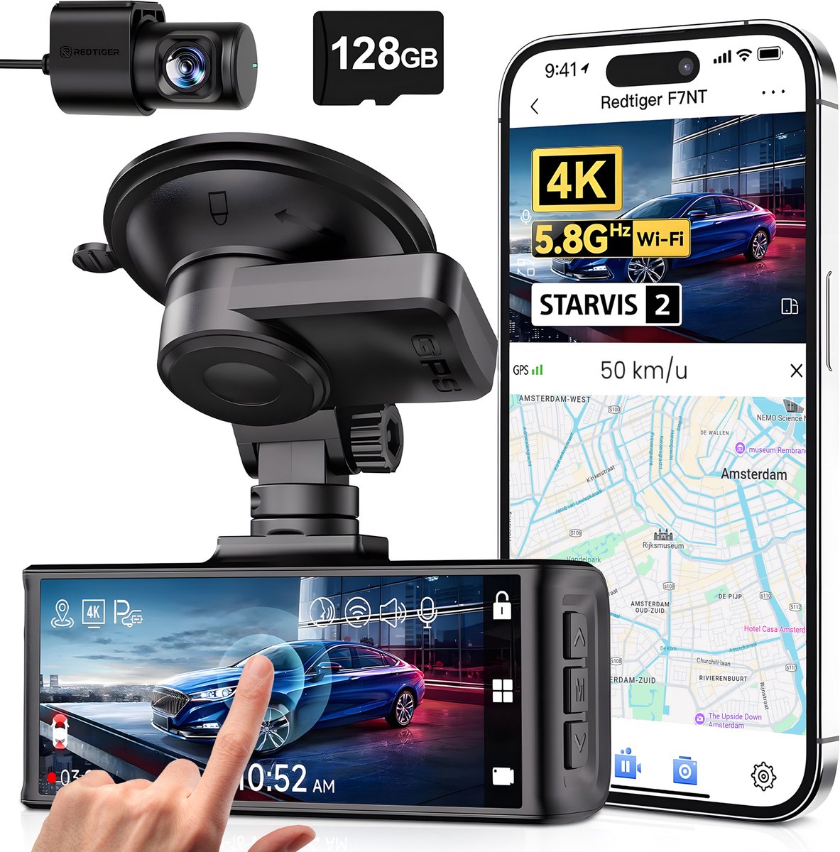 RedTiger F7NTouch Pro - Dual Dashcam met Touchscreen - Ultra 4K &amp; 1080P
