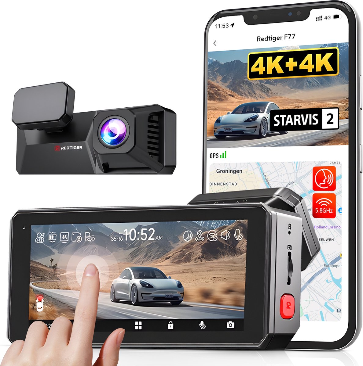 RedTiger F77, 4K + 4K Dashcam, GPS, 5G Wifi met app en Touchscreen, 128GB Intern Geheugen