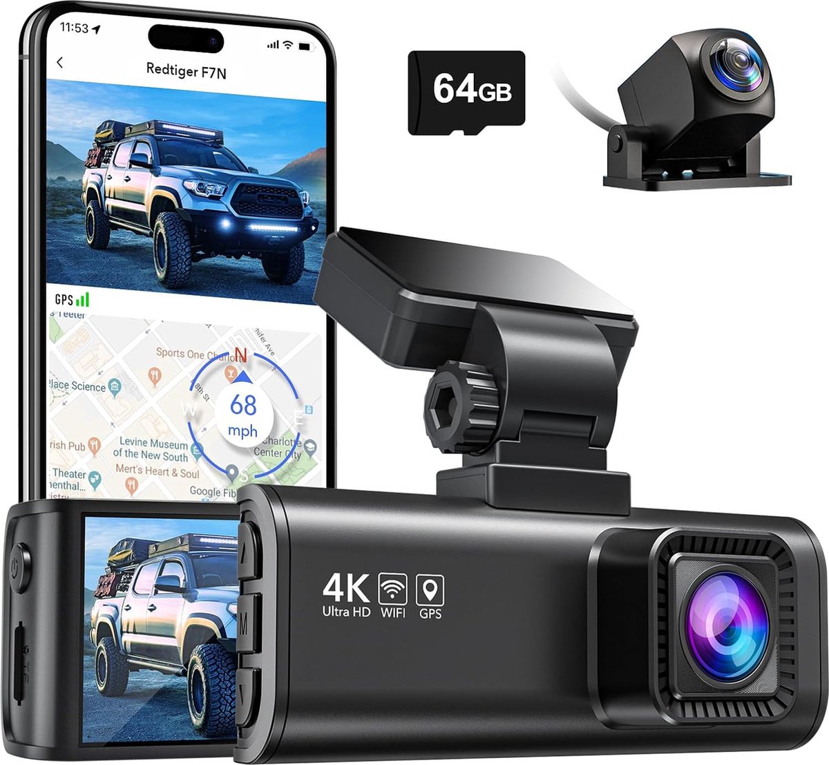 RedTiger F7N Dual Dashcam 4K &amp; 1080P WiFi en GPS - 3,18 Inch met App