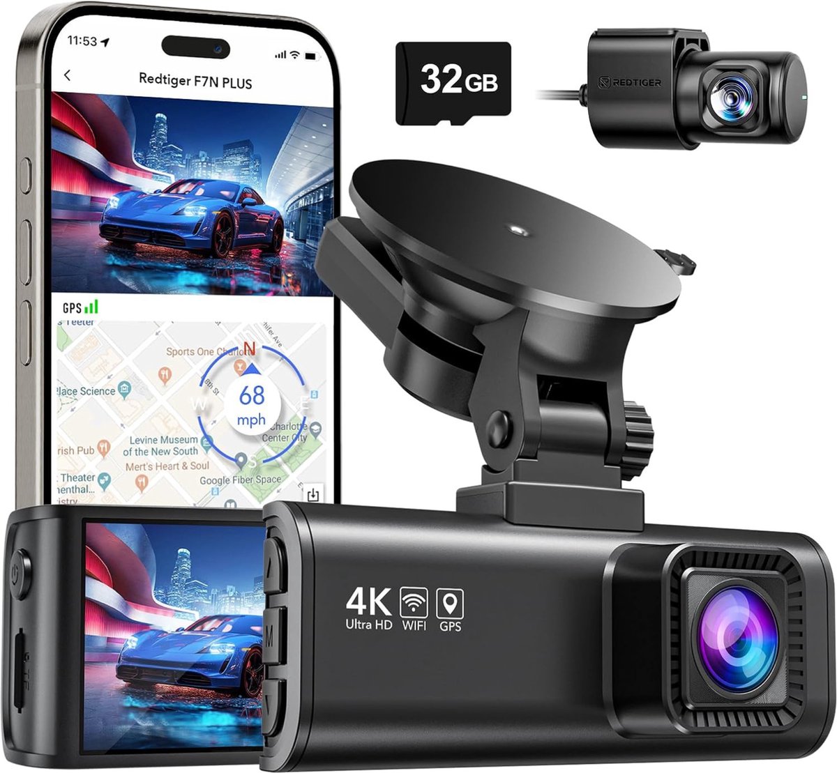 Redtiger F7NP 4K Dual Dashcam Wifi, GPS met app