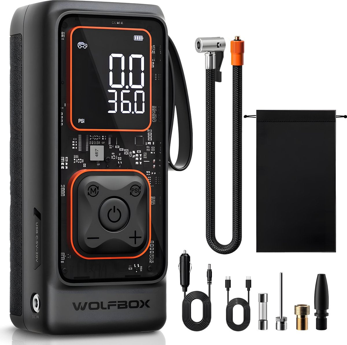 Wolfbox Elektrische Fietspomp - Luchtcompressor - voor Fiets, Scooter, Motor en Auto - Elektrische Bandenpomp - Autobanden Pomp