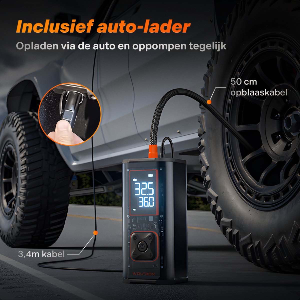 Wolfbox Elektrische Bandenpomp - Luchtcompressor - voor Fiets, Scooter, Motor en Auto - Elektrische Bandenpomp - Auto Bandenpomp