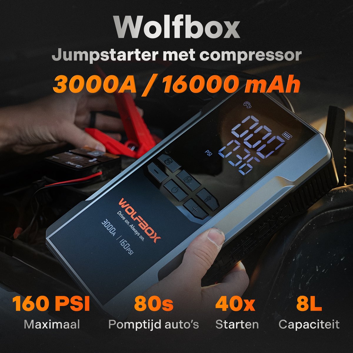 Wolfbox Jumpstarter met Compressor - 3000A/16.000mAh – Startkabels met Powerbank - Starthulp Voor Auto’s Met LED- en SOS Noodlicht - Met Opbergkoffer - Startkabels met Accu