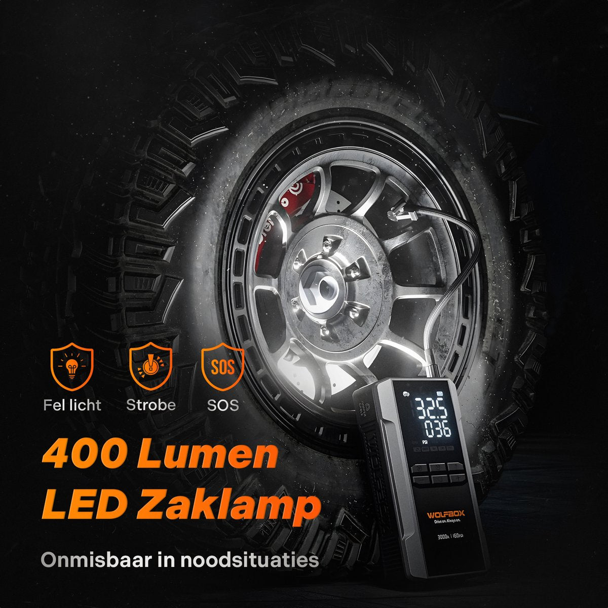Wolfbox Jumpstarter met Compressor - 3000A/16.000mAh – Startkabels met Powerbank - Starthulp Voor Auto’s Met LED- en SOS Noodlicht - Met Opbergkoffer - Startkabels met Accu