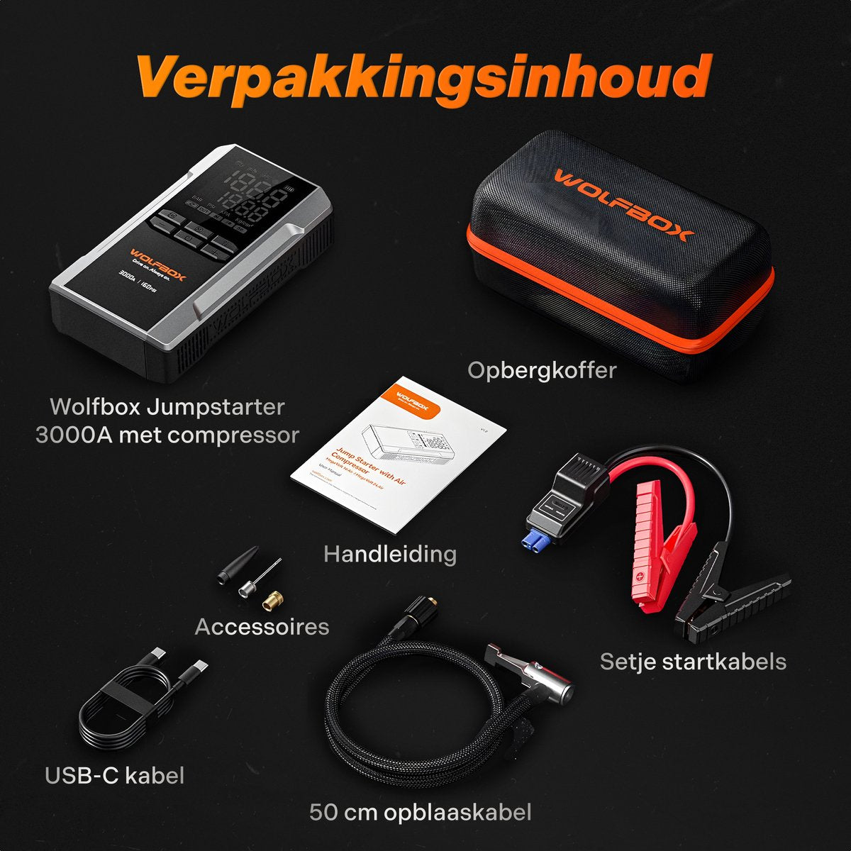Wolfbox Jumpstarter met Compressor - 3000A/16.000mAh – Startkabels met Powerbank - Starthulp Voor Auto’s Met LED- en SOS Noodlicht - Met Opbergkoffer - Startkabels met Accu