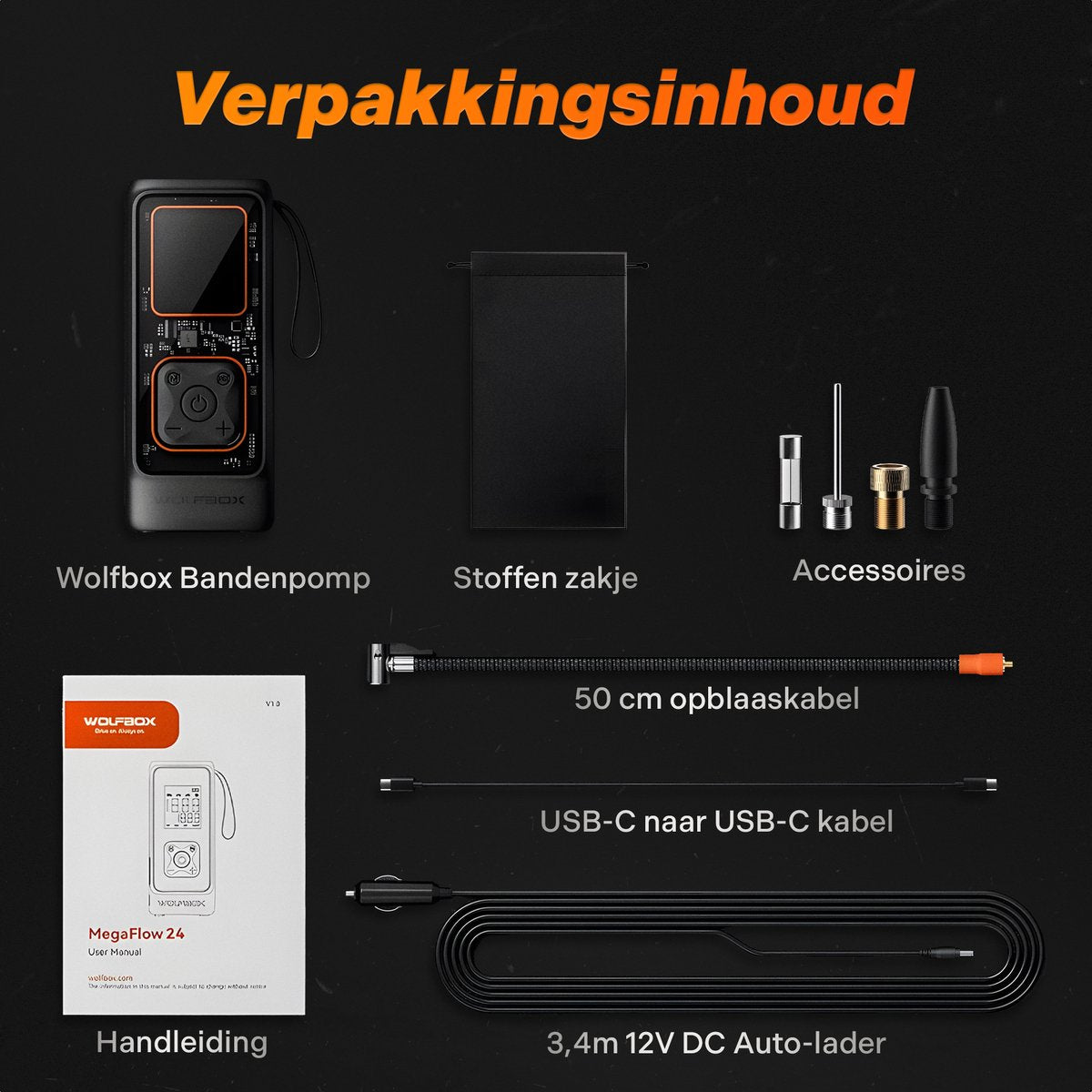 Wolfbox Elektrische Fietspomp - Luchtcompressor - voor Fiets, Scooter, Motor en Auto - Elektrische Bandenpomp - Autobanden Pomp