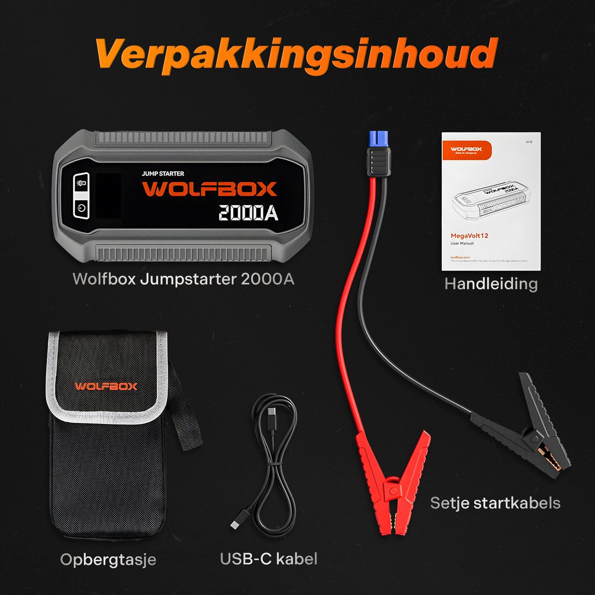 Wolfbox Jumpstarter - 2000A/12.000mAh – Startkabels met Powerbank - Starthulp Voor Auto's