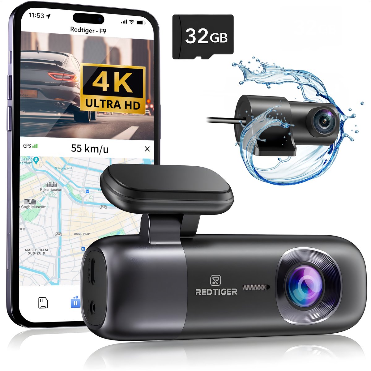 Redtiger F9 Dual Dashcam 4K &amp; 1080P Wifi, GPS