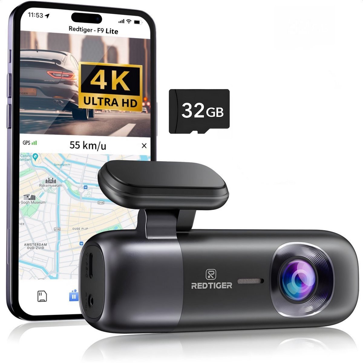 RedTiger F9 Lite 4K Dashcam, 5G Wifi en GPS met app