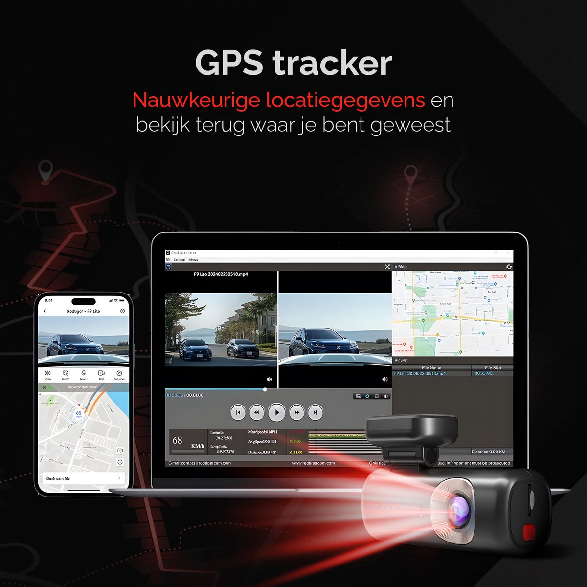 RedTiger F9 Lite 4K Dashcam, 5G Wifi en GPS met app