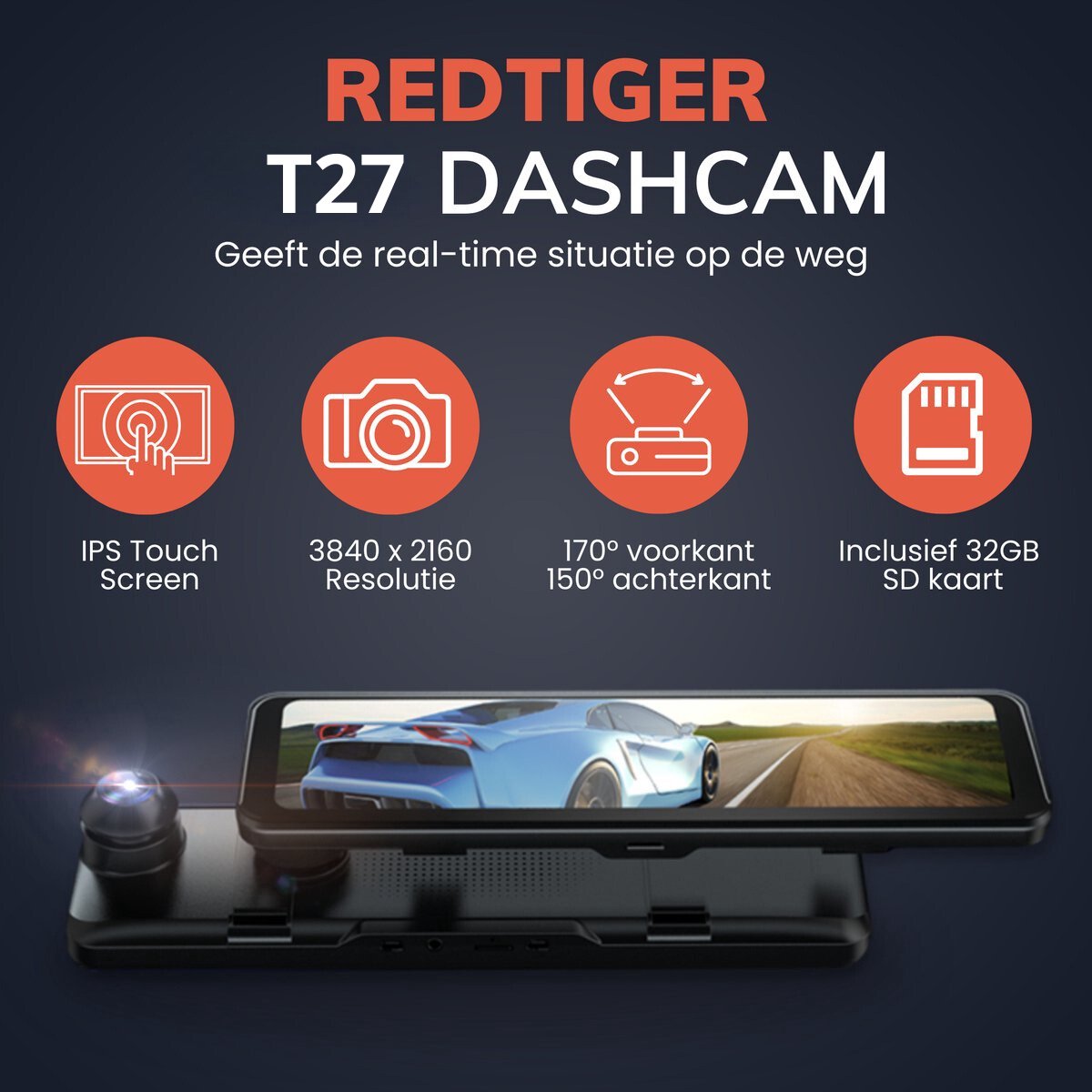 RedTiger T27 4K Spiegel Dashcam, GPS met WDR, 2.5K achtercamera