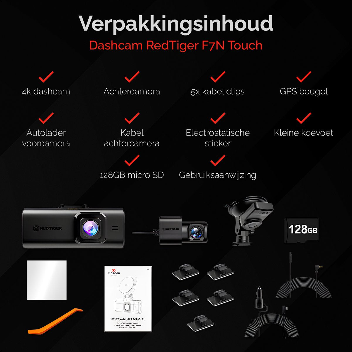 RedTiger F7NTouch Pro - Dual Dashcam met Touchscreen - Ultra 4K &amp; 1080P