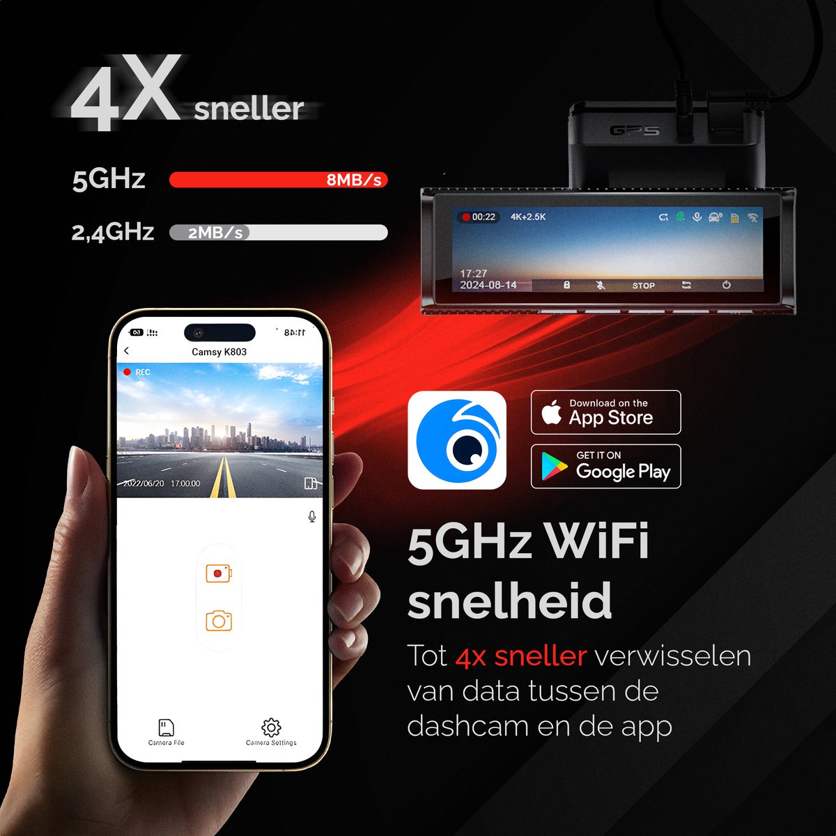 Camsy K803 Dual Dashcam voor auto - 4K & 1080p - Voor en achter Camera - WiFi en Gps - 3,59 inch LCD met App - Sony Sensor - Nachtzicht - Parkeerbewaking - G Sensor - Loop opname