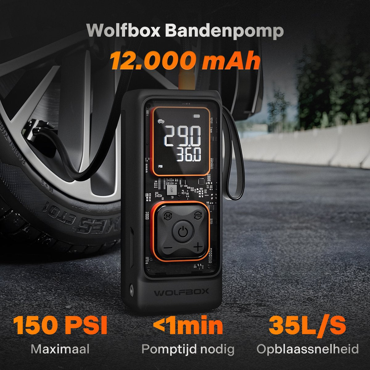 Wolfbox Elektrische Fietspomp - Luchtcompressor - voor Fiets, Scooter, Motor en Auto - Elektrische Bandenpomp - Autobanden Pomp