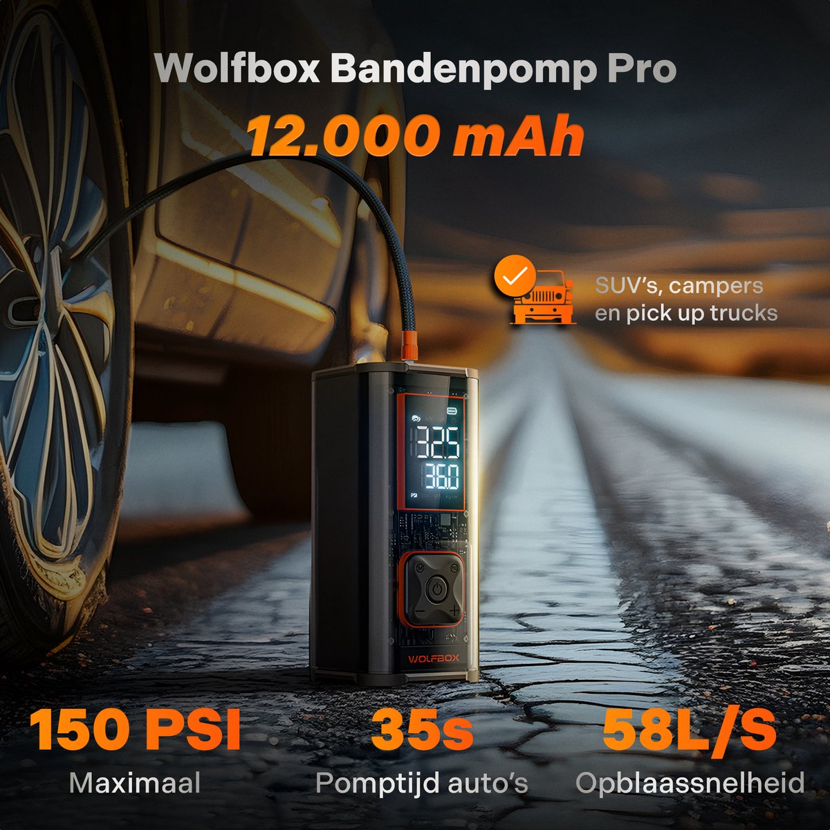 Wolfbox Elektrische Bandenpomp - Luchtcompressor - voor Fiets, Scooter, Motor en Auto - Elektrische Bandenpomp - Auto Bandenpomp