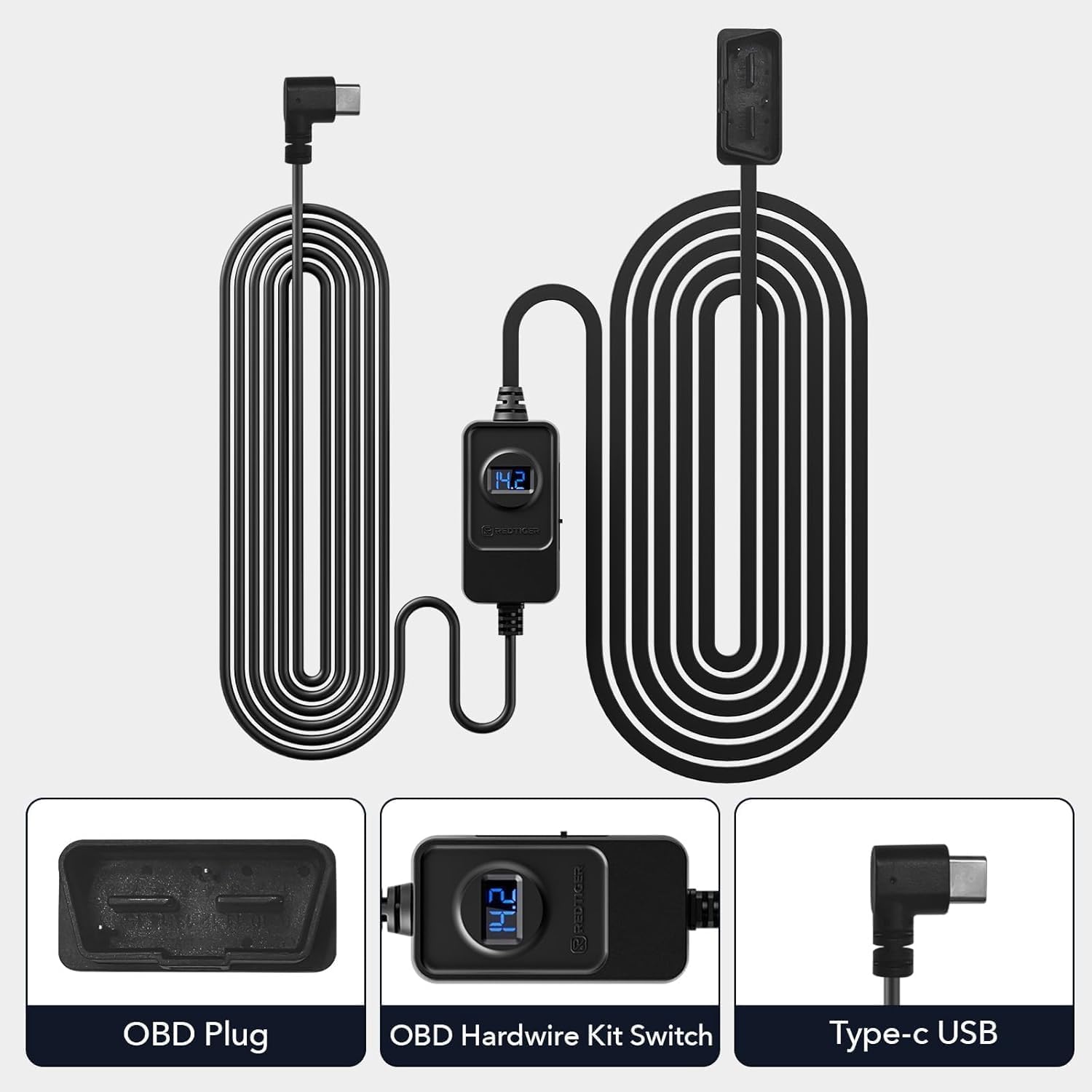 RedTiger Dashcam OBD Hardwire Kit Voedingskabel – USB-C Poort, 3 Meter, 12V-24V naar 5V.