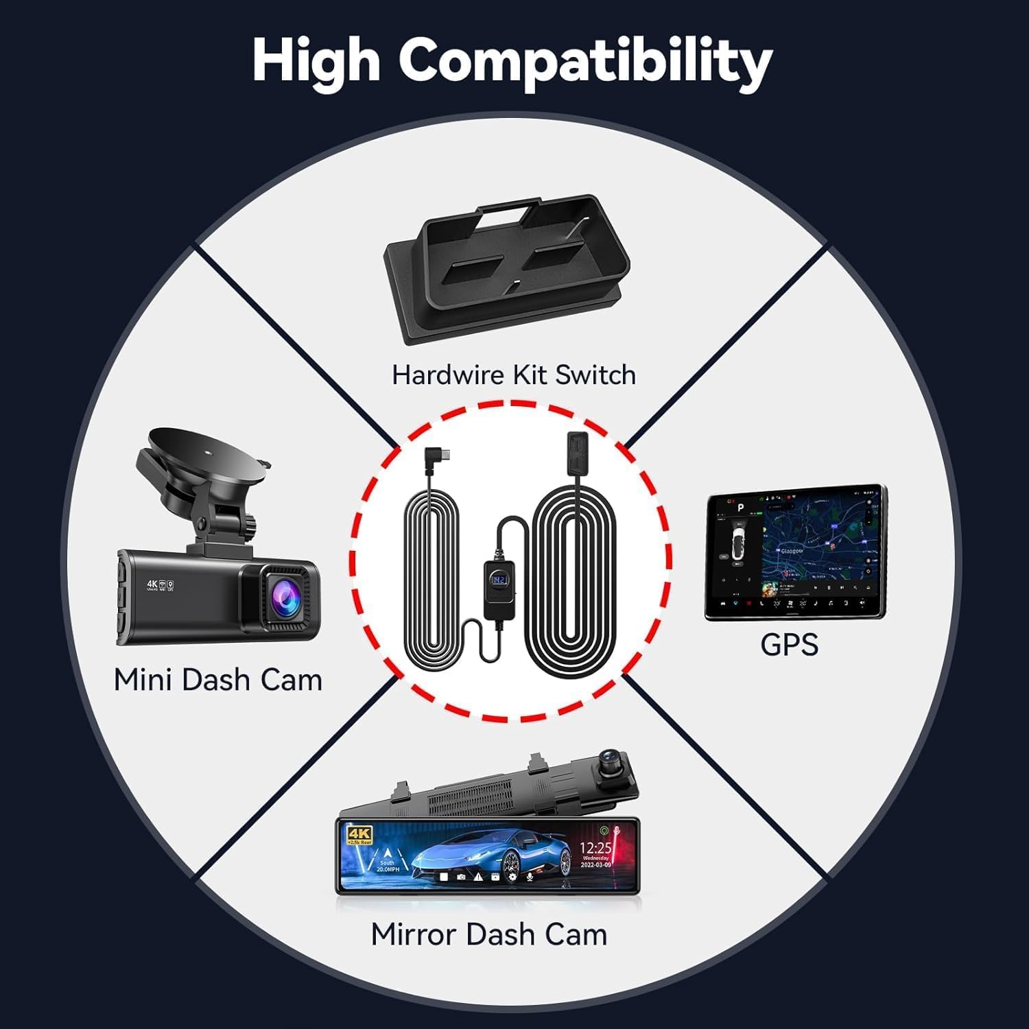 RedTiger Dashcam OBD Hardwire Kit Voedingskabel – USB-C Poort, 3 Meter, 12V-24V naar 5V.