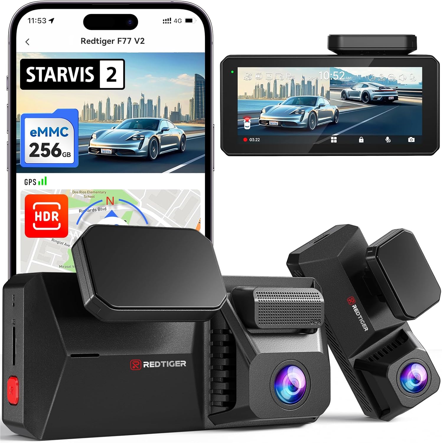 Redtiger F77 Pro V02 4K + 4K Dashcam, Touchscreen, GPS met 5G Wifi, 256 GB Intern Geheugen